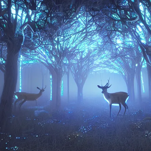 Image similar to deer in an ethereal forest made from glowing circuits and electronics, highly detailed concept art, 3 d, volumetric lighting