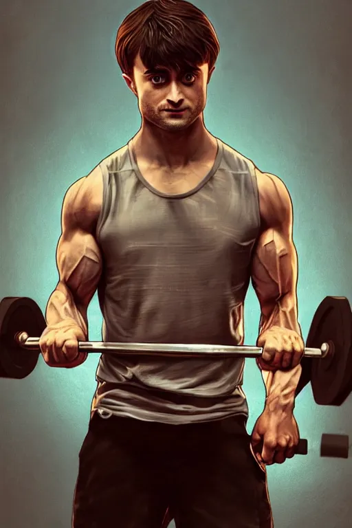 Image similar to highly detailed rendering of Daniel Radcliffe as Harry Potter doing barbell back squats, dingy workout gym, wearing a muscle tee shirt, muscular deep squats, symmetrical, highly detailed, digital painting, artstation, concept art, smooth, sharp focus, illustration, cinematic lighting, art by artgerm and greg rutkowski and alphonse mucha