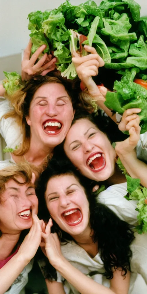 Prompt: 35mm photograph of women laughing with salad