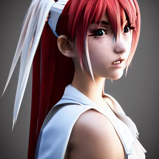 Image similar to a high definition photo of a young cosplayer with twin tails, wearing white dress, symmetric and beautiful face, photo taken with Sony a7R, Unreal Engine 5, 8k, HD