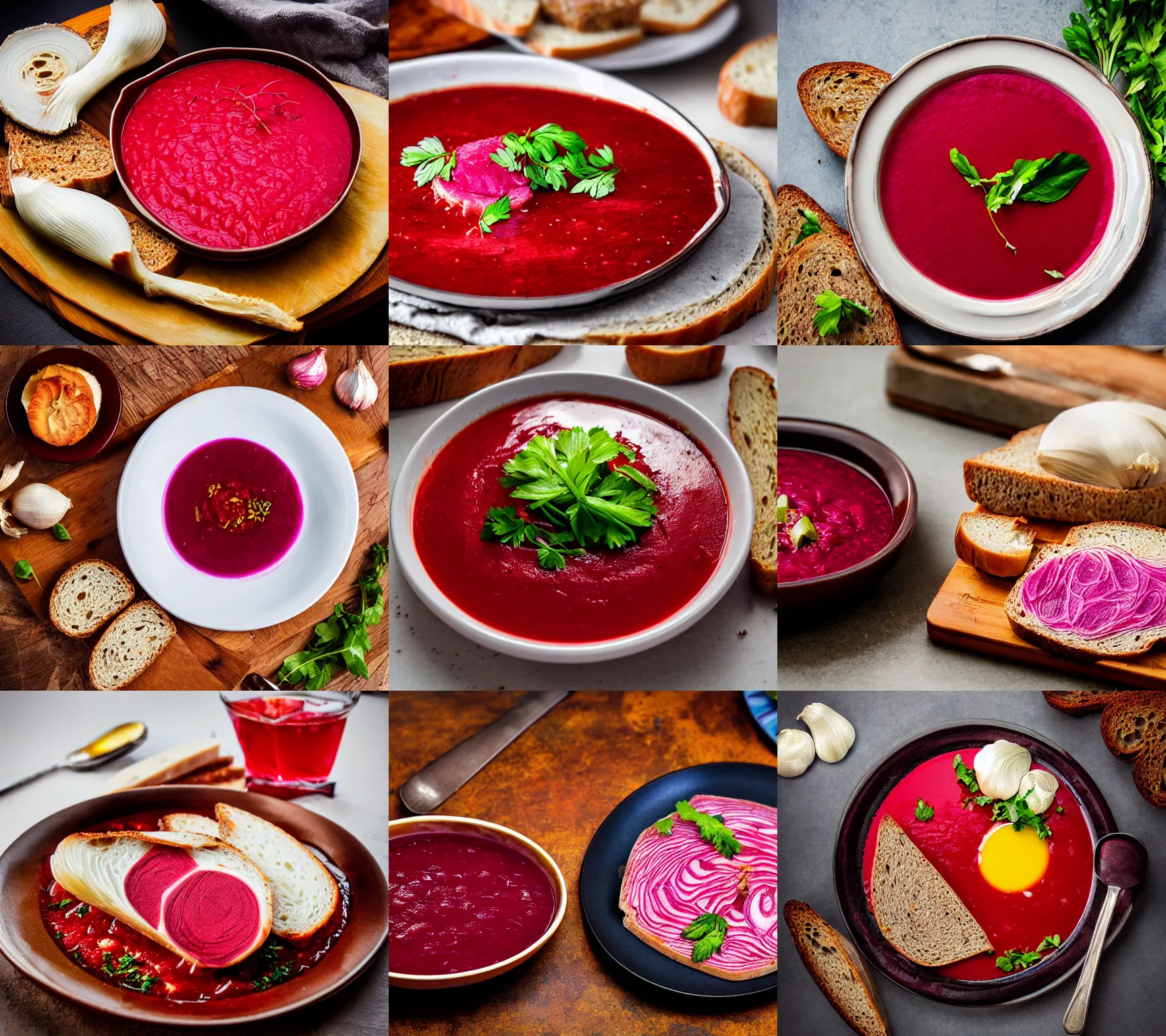 Prompt: khokhloma plate of borscht, sliced salo on brown bread, hyper realistic, foodphoto, extremely detailed, photorealism, garlic on background, side view, bokeh, epic lightning, yamy, sigma 8 5 mm f 1. 5