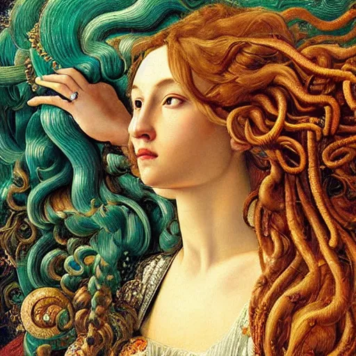 Prompt: intricate detail, hyper detail, drunk woman, very tired, wearing full body mans suite, hazel green eyes, teal eyebrows, with aqua neon rapunzel dreadlocks, detailed, by sandro botticelli, gaston bussiere, h. r. giger, masterpiece, sharp focus,