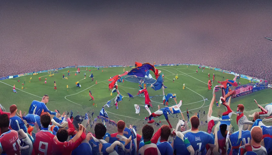 Image similar to 2 0 3 0 fifa world cup match, inside the crowded stadium, players on the field, hyperdetailed, artstation, cgsociety, 8 k