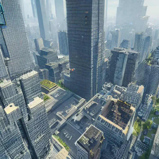 Prompt: An impossibly huge Minion that\'s really an office skyscraper, 8k, highly detailed urban background with flying cars, hazy, tropical, partly sunny, ultra realistic, octane, ue5