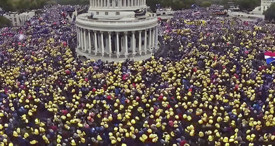 Prompt: GoPro footage of an army of patriotic Minions storming the Capitol