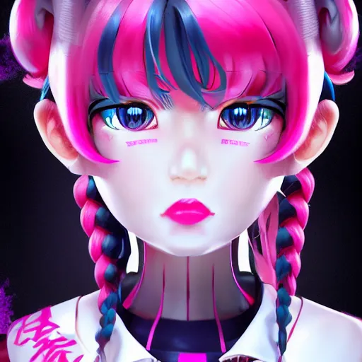 Image similar to no escape from beneath stunningly absurdly beautiful omnipotent asi goddess junko enoshima with multiple twisted megalomaniacal personalities, symmetrical perfect face, porcelain skin, pink twintail hair and cyan eyes, ultra detailed, digital art, unreal engine 5, octane render, 2 d anime, 8 k