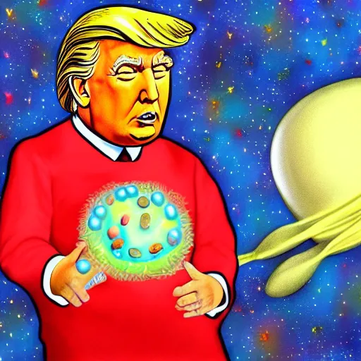 Image similar to a beautiful painting of donald trump as a jellybean in space, highly detailed