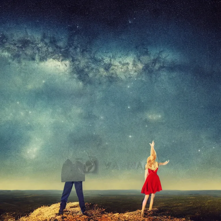 Image similar to album cover, with text'kosmichna vystava ', a beautiful landscape of a starry sky with an beautiful woman waving to the horizon, cinematic, dramatic, photojournalism, highly detailed