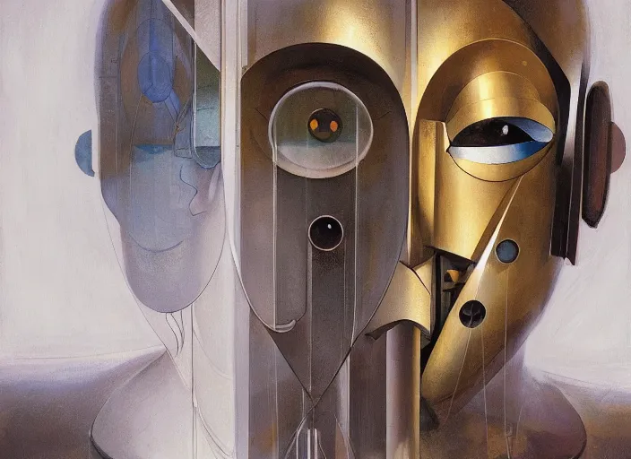 Image similar to a portrait headshot of sci fi metallic human, bright eyes, melancholic complex geometric figure liminal machinery by oskar schlemmer, moebius, john berkey, film grain, oil on canvas, portrait facial head, featured on artstation, hd wallpaper, 8 k, bright colors, global lighting