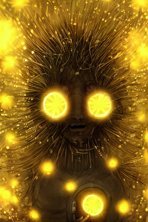 Image similar to a glowing humanoid figure dandelion monster with large glowing eyes, surrounded by golden coins, highly detailed, digital art, sharp focus, trending on art station, anime art style