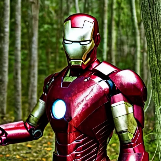 Prompt: rusty abandoned iron man suit in the middle of the forest, 4k realistic photo