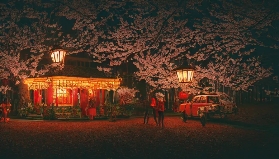 Image similar to a Wes Anderson 35mm film still of a very surreal magic treehouse cafe, golden hour, falling cherry blossom pedals, in the style of Gucci, glowing warm lights and floating lanterns, foggy atmosphere, rainy, moody, muted colors, magic details, very detailed, 8k, cinematic look, octane render, psychedelic,