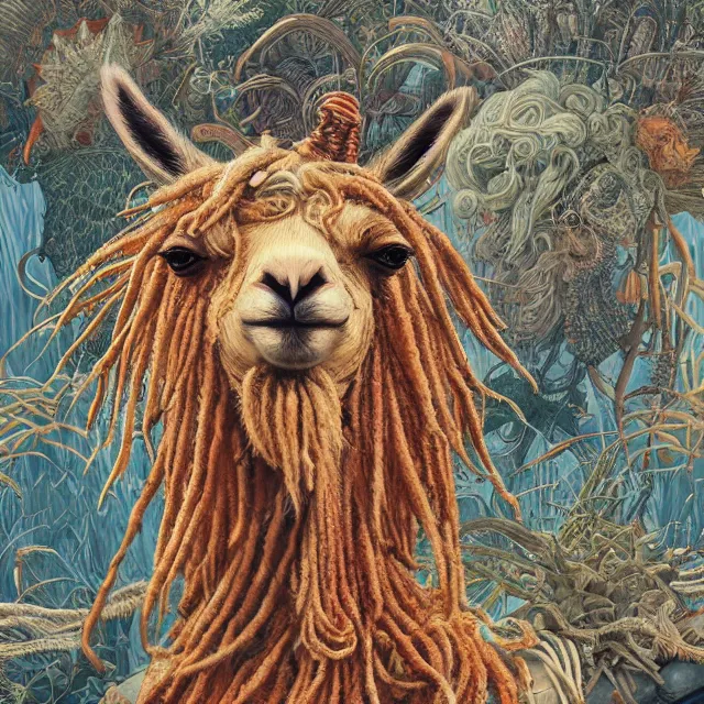 Prompt: llama with dreadlocks, by otomo katsuhiro, by mandy jurgens, ernst haeckel, james jean