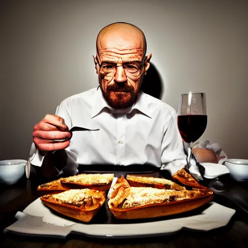 Prompt: walter white eating bruscetta, photography,