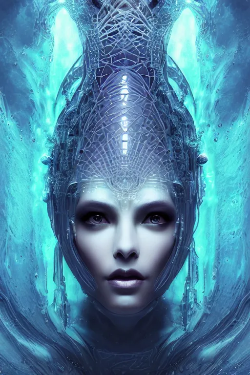 Image similar to a render of an ancient futuristic ethereal alluring goddess with digital modifications surrounded by a underwater ink pour and flowing liquid gallium and complex sacred geometry, powerful, cinematic, beautifully lit, perfect face, by beeple, by artgerm, by karol bak, 3 d, trending on cgsociety, octane render, zbrush central, 8 k