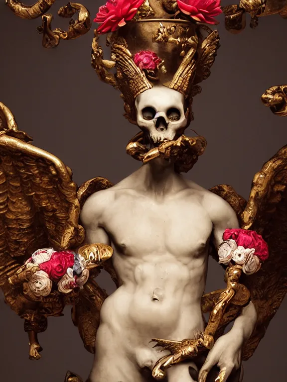 Prompt: a man with many big flowers birds baroque elements pipes bones in the form of a wax liquid Egyptian sculpture Bastet. bubbling red wax, super hero pose, skull, flowers, baroque. intricate art by caravaggio. Trending on artstation. octane render, cinematic, hyper realism, octane render, 8k, depth of field, bokeh. iridescent accents. vibrant. teal and gold and red colour scheme