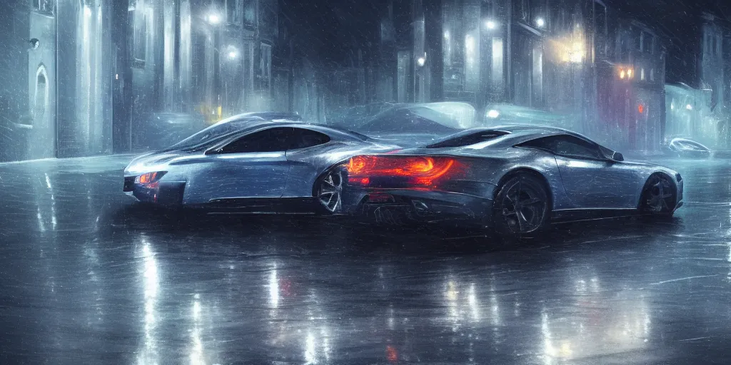 Image similar to full view of a sport car, on wet street at night, painted in dark color holographic pearlescent, almost ghosty-like, elegant, digital painting, concept art, smooth, sharp focus, art style from Wang Ke and Greg Rutkowski and Bruce Kaiser and Scott Robertson and Dmitry Mazurkevich and Doruk Erdem and Jon Sibal, small style cue from Mad Max