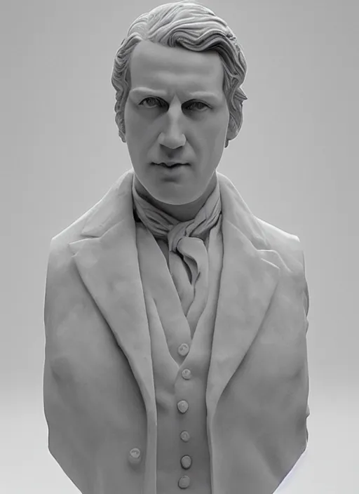 Prompt: an orthographic bust white marble sculpture of jimm carry, by Wes Anderson