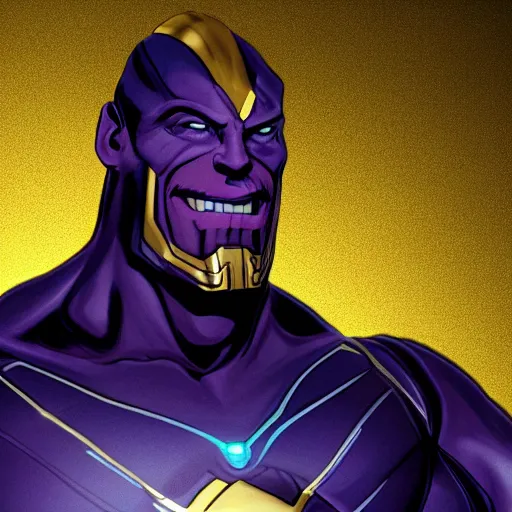 Prompt: MCU gigachad sigma male thanos smiling, wearing infinity gauntlet, high quality wallpaper, desktopography