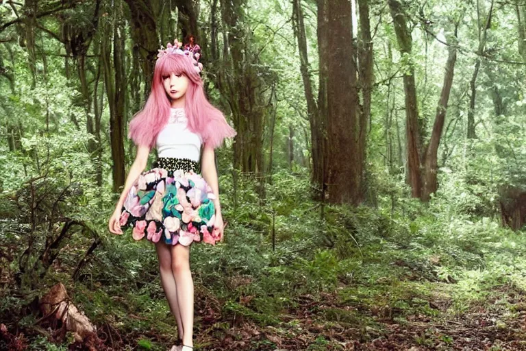 Prompt: chibi anime fashion model wearing valentino 2 0 1 4 floral skirt and jeweled headpiece outdoors in the woods, flowers