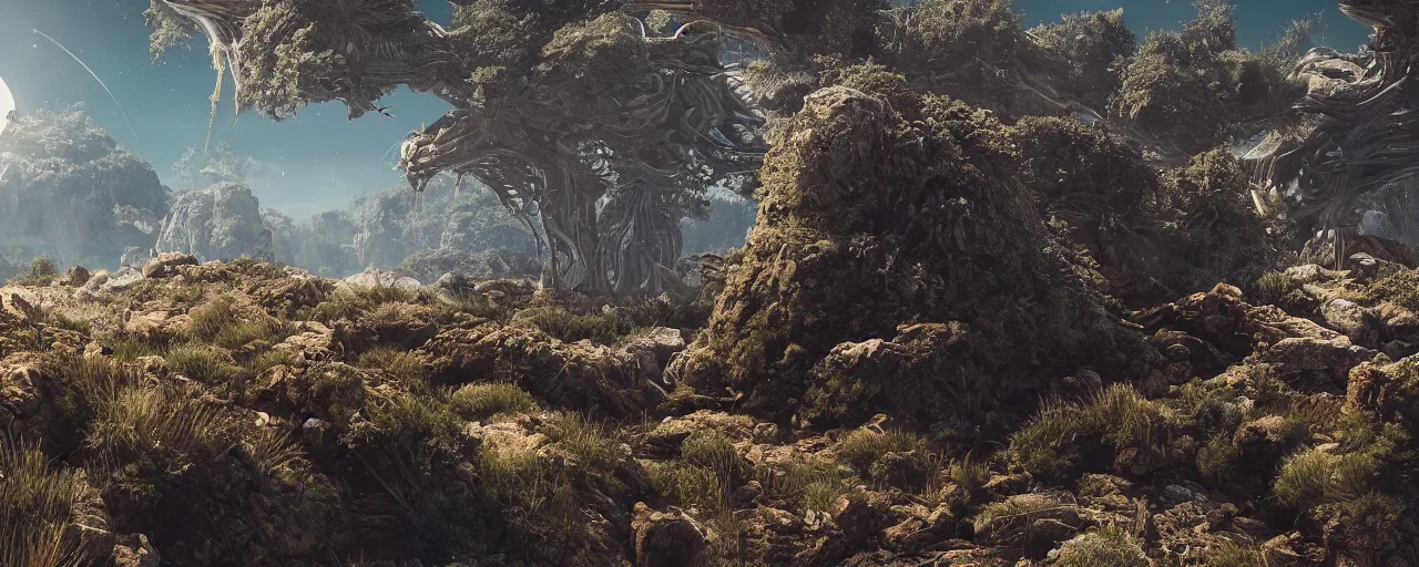 Prompt: ” outer planet with syrange alien vegetation, [ cinematic, detailed, epic, widescreen, opening, establishing, mattepainting, photorealistic, realistic textures, octane render ] ”