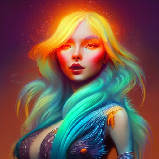 Prompt: a beautiful stunning interesting detailed fantasy whimsical matte digital portrait illustration of a mermaid with turqoise hair, yellow-orange and red-violet sunset, spectacular sunset, a painting by Ross Tran, trending on artstation hq, contest winner