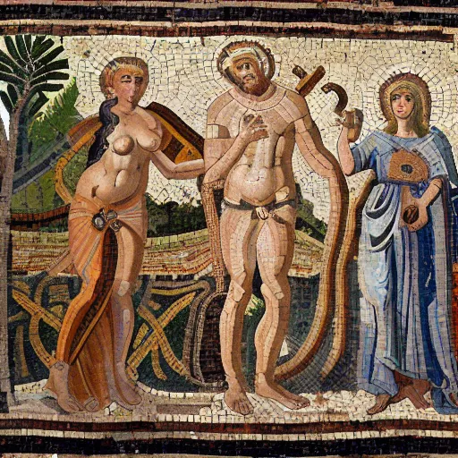 Image similar to a beautiful roman mosaic of adam, eve and the serpent by michaelangelo, rome, 1 0 0 ad