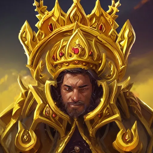 Image similar to a golden majestic king crown with gemstone carved into it, yellow theme, bright art masterpiece artstation. 8 k, sharp high quality artwork in style of jose daniel cabrera pena and greg rutkowski, concept art by tooth wu, blizzard warcraft artwork, hearthstone card game artwork, the crown