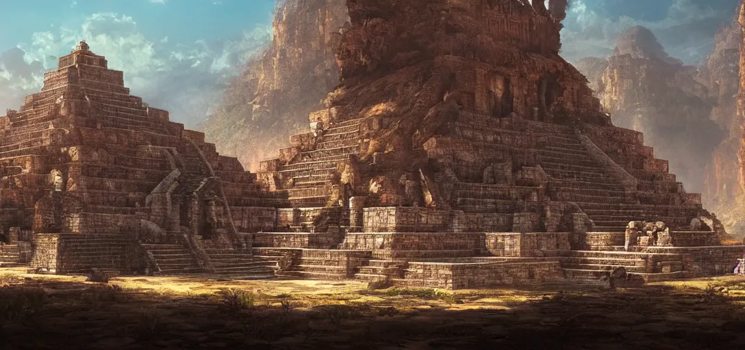 Image similar to beautiful highly detailed matte painting of an intricate mayan futuristic ancient temple in a valley surrounded by canyons, by Craig Mullins and Denis Villeneuve, octane rendering