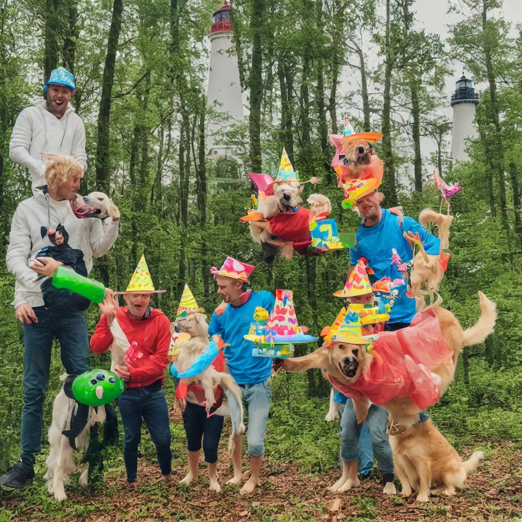 Prompt: one blonde thirty years old guy and one dog with birthday hats, celebrating a birthday in a forest, with chocolate cakes slices, green aliens and kayaks, with a lighthouse in the background