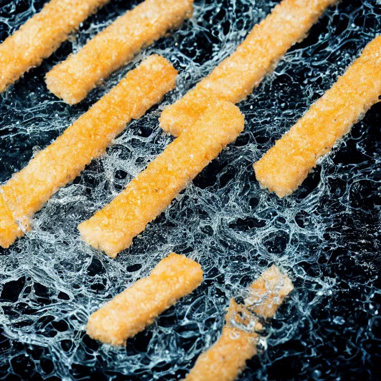 Prompt: Soaking wet soggy fish stick drenched with a stream water from a faucet on a moist wet plate. Very wet delicious crusty fish sticks. Macro lens close up 4K food commercial shot