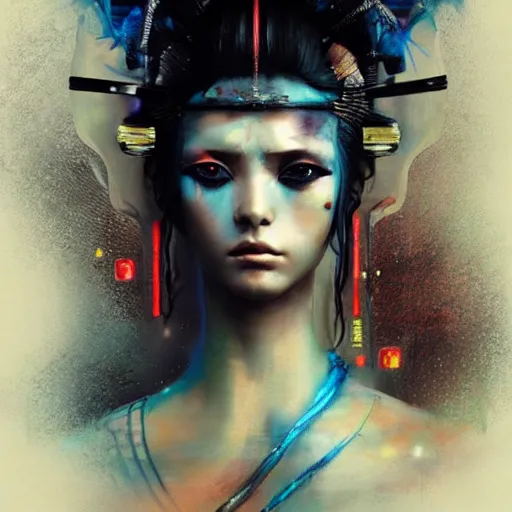 Prompt: cyberpunk geisha warrior by cy Twombly and BASTIEN LECOUFFE DEHARME, iridescent fractal, high tech