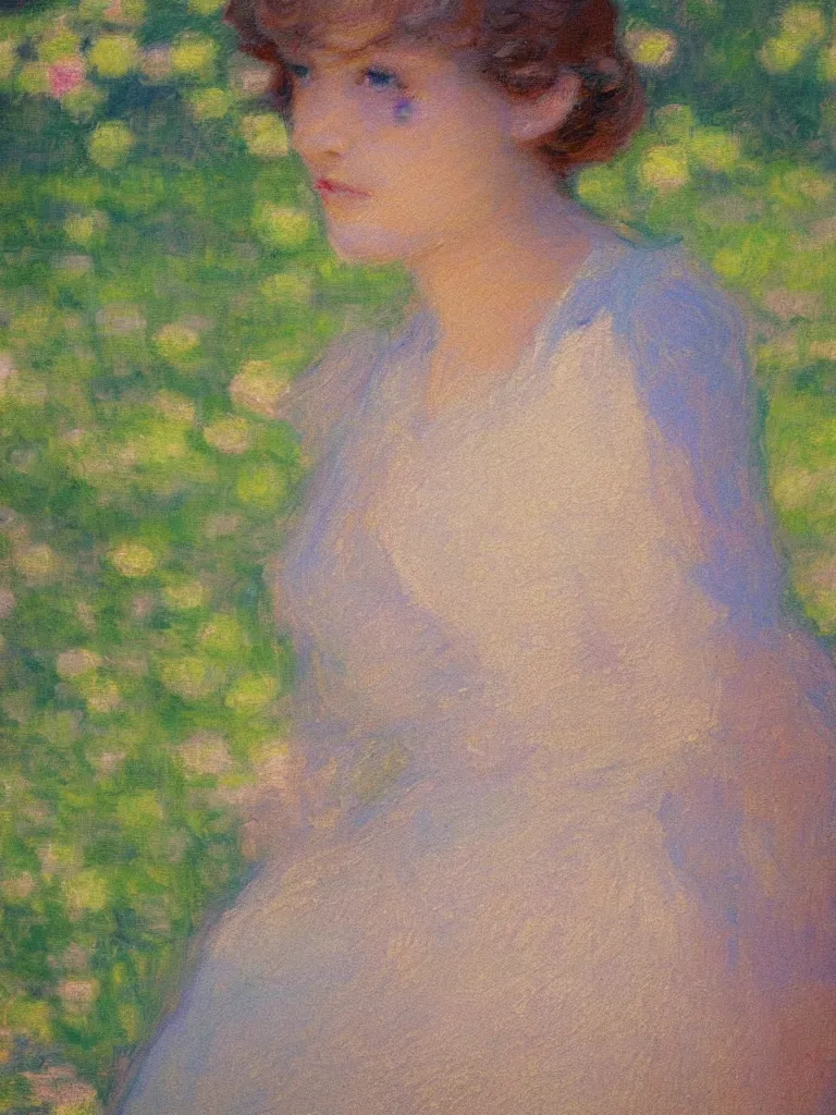 Image similar to portrait of < zelda fitzgerald >, blurry face, fair, slim, fair, severe out of focus, pleinairism, in the sun, backlit, closeup, oil on canvas, atr by monet, smooth, impressionnisme, 8 k