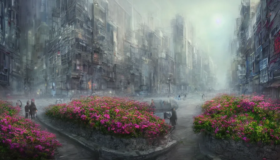 Prompt: magnificent city in late spring, flowers will fade, some fog, realistic style, high details, scene concept. digital art, trending on artstation