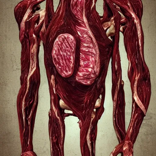 Image similar to A strange humanoid invader from another meat world stands in a modern room. Spikes, tumors, many eyes, veins, no skin. Bodyhorror style, without blurring, meat colors, extremely high detail, photorealism, 8k