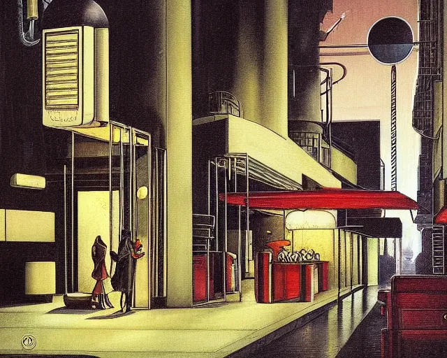 Image similar to last open food place in a cyberpunk city on a rainy melancholy night by de chirico