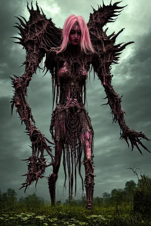 Prompt: post - gothic giant manananggal, exoskeleton armor screaming, dystopian ruins covered in vegetation, highly detailed smooth digital art masterpiece, vitaly bulgarov giger dramatic pink light, ground angle hd 8 k, sharp focus