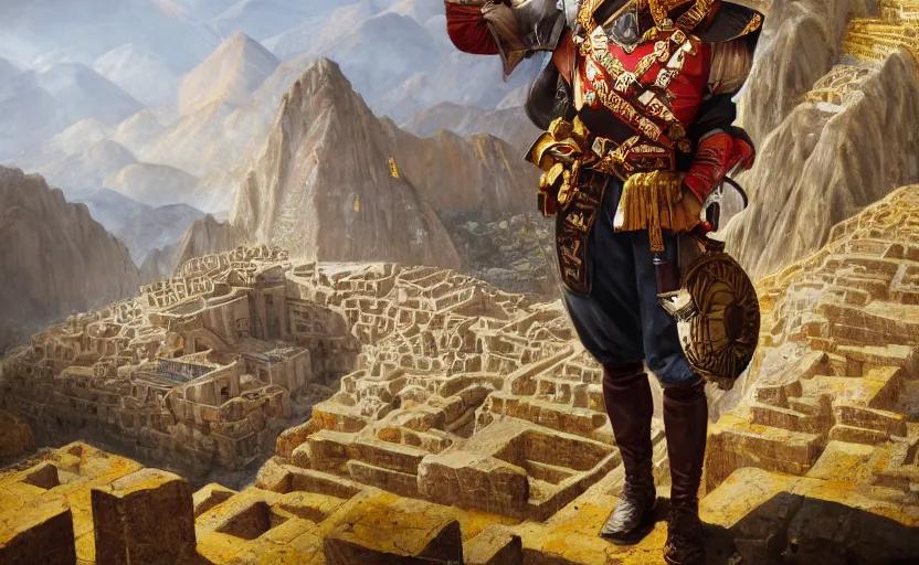 Prompt: spanish conquer soldier francisco pizarro holding golden cup on a inca temple, wide view, high detailed, full perfect, symmetrical portrait, high detail, by craig mullins, peter mohrbacher, unreal engine, octane rendered, 8 k, dark beauty, trending on artstation