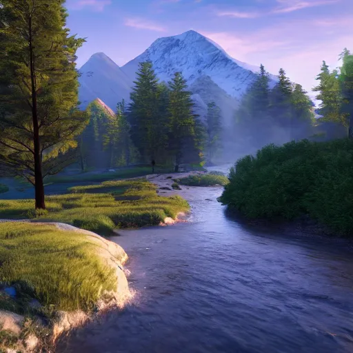 Prompt: sunrise, mountain in the background, a river in the middle ground, trees, glowing light, sharp focus, photorealistic, unreal engine 5