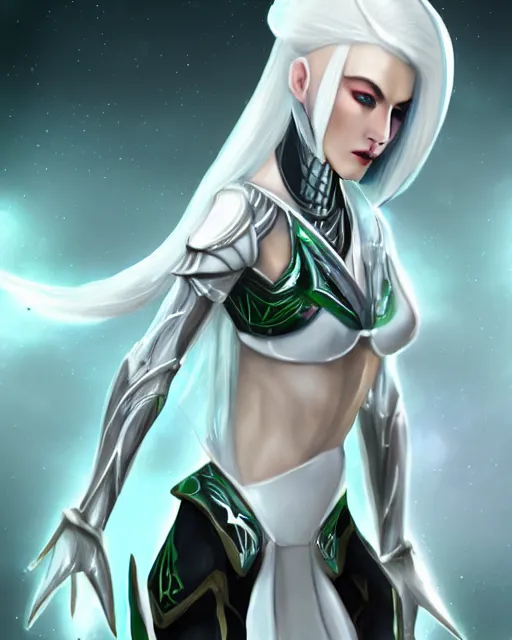 Image similar to perfect white haired attractive egyptian goddess, warframe armor, beautiful, symmetric, dreamy, half asian, pretty face, green eyes, charlize theron, detailed, scifi platform, laboratory, experiment, 4 k, ultra realistic, epic lighting, android body, illuminated, cinematic, masterpiece, art by akihito tsukushi, voidstar