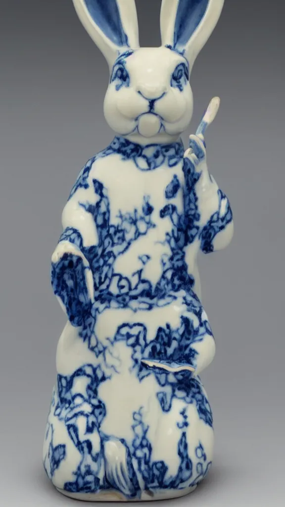 Prompt: porcelain rabbit head budda statue with blue arabesque details painted by john singer sargent