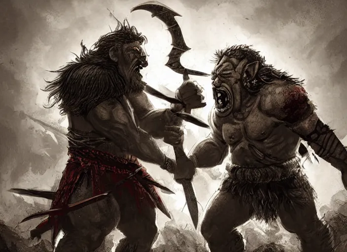 Prompt: a warrior fighting a orc, fantasy illustration by nils gulliksson