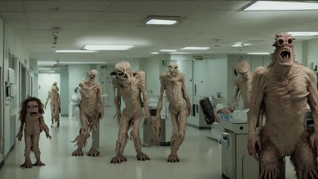 Image similar to monsters invade the hospital, film still from the movie directed by denis villeneuve and david cronenberg with art direction by salvador dali, wide lens