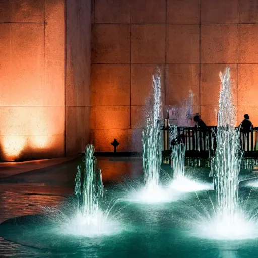 Prompt: magical potions floating in a mystical brutalist space while fountains flow out of oranges