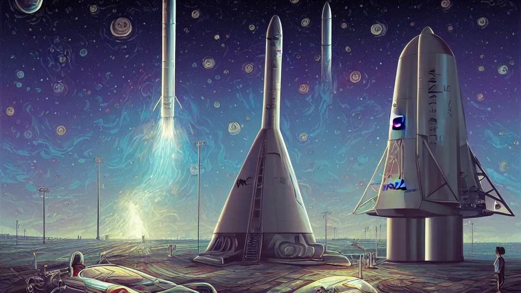 Prompt: elon musk at spacex launch pad by cyril rolando and naomi okubo and dan mumford and ricardo bofill. lovecraft. lovecraftian. starry night swirly sky.