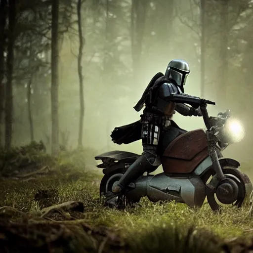 Image similar to mandalorian riding speeder bike through swamp, eerie, emotional, stunning cinematography, light diffusion