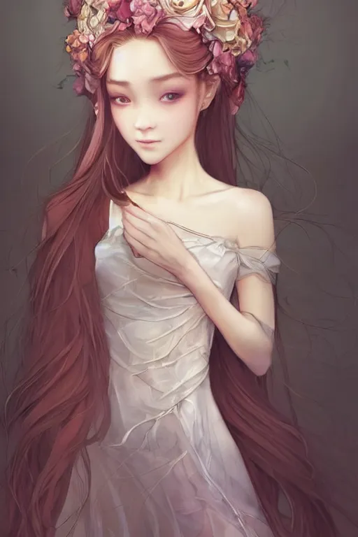 Image similar to romantic and fashion and love princess of the flower with sheath dress, 8 k realistic, teenager girl, baroque, symmetrical, flowing hair, smile, trending pinterest and pixiv, muted colors, hyperrealistic, l close up shot, character concept art, face by kyoung hwan kim, alexandra fomina, ilya kuvshinov