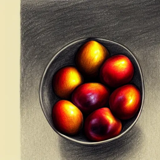 Image similar to drawing of a single bowl filled with a few moist freshly picked plums on a wooden table. painting, illustration, volumetric lighting, detailed, small scale, art, trending on artstation.