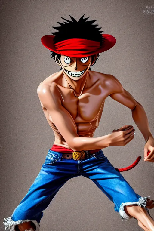 Image similar to pictufe of real life monkey d luffy, hyperdetailed, hyperrealism, vogue photo style, proportional, dynamic composition, face features, comfort posse, smooth, sharp focus, body features, ultra realistic, award winning photo, nikon d 8 5 0, 4 5. 7 mplens, 4 k, full body