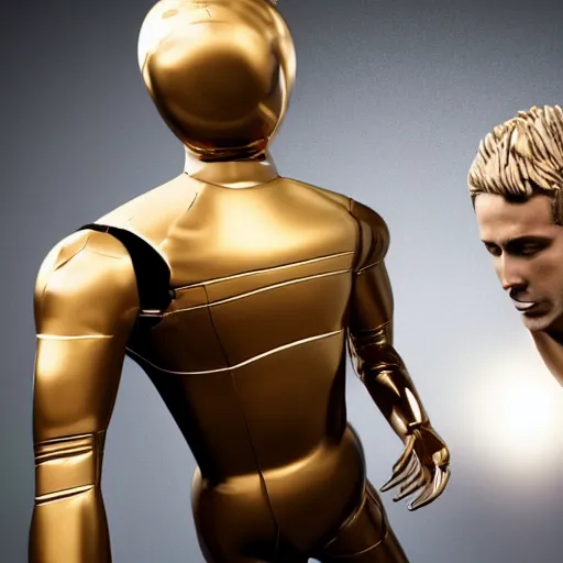 Image similar to a realistic detailed photo of a guy who is an attractive humanoid who is half robot and half humanoid, who is a male android, attractive and handsome soccer players, shiny skin, posing like a statue, blank stare, in a factory, on display, showing off his muscles, gold soccer shorts, side view, looking at each other mindlessly